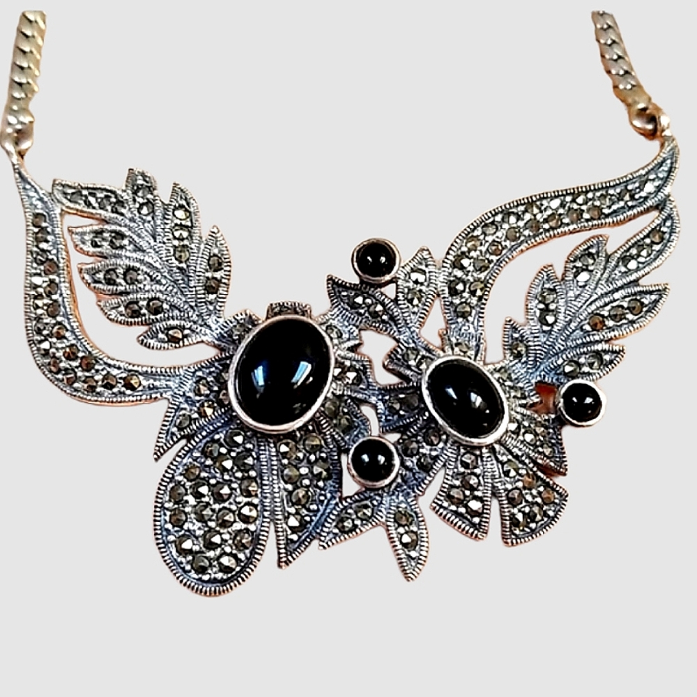 Vintage Art Deco 1920s Sterling Silver Onyx and Marcasite Statement Necklace